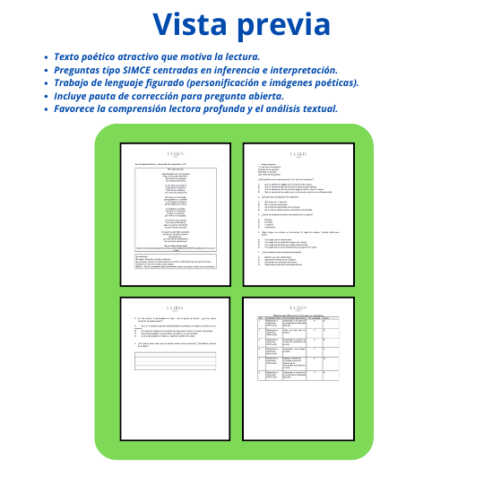 Comprensión Lectora tipo SIMCE 4° Básico: Poema + Evaluación + Pauta