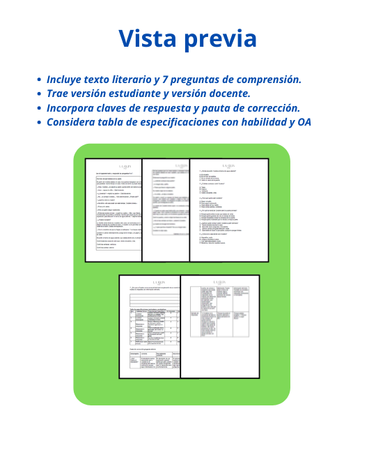 Comprensión Lectora tipo SIMCE 4° Básico: Fragmento de novela+ Evaluación + Pauta