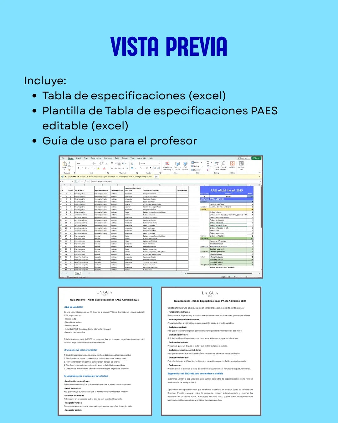 III° a IV° - Tabla especificaciones PAES Invierno 2025 (ad. 2026)