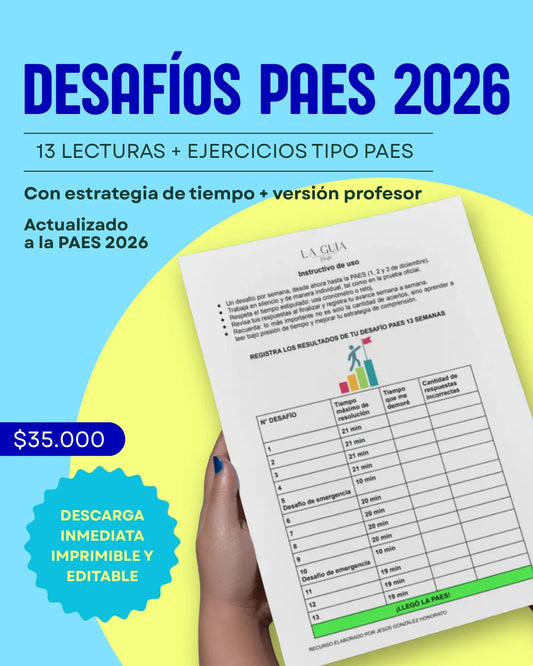 PACK DESAFÍOS PAES III° a IV° - 13 Lecturas + ejercicios tipo PAES (72 páginas)