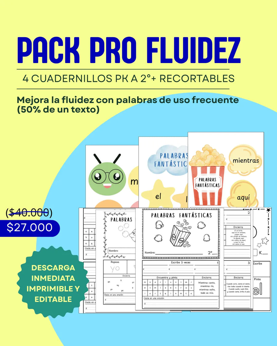 PK-2° Básico | Pack Fluidez Lectora: 4 Cuadernillos de Actividades y Recortables